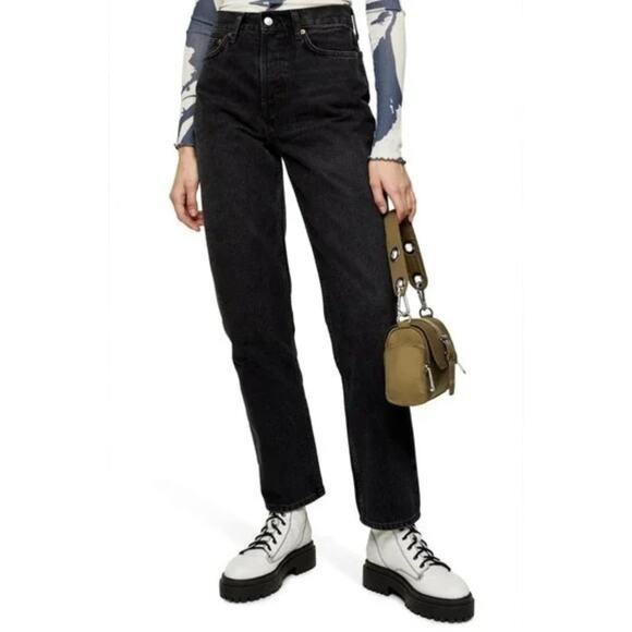 TOPSHOP Women's High Rise Dad Jeans Size 33 Black Straight Rigid Denim NWT - Picture 1 of 11